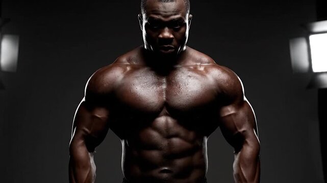 Muscular African American bodybuilder flexing in a dark gym, showcasing strength and dedication to fitness.