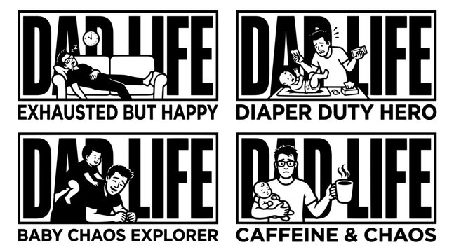 Dad Life Typography Designs Featuring Fatherhood Scenarios