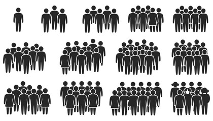 People silhouette icons, group crowd symbols, human gathering shapes, organized rows, team formation, black silhouette vector set. © AYAT 01