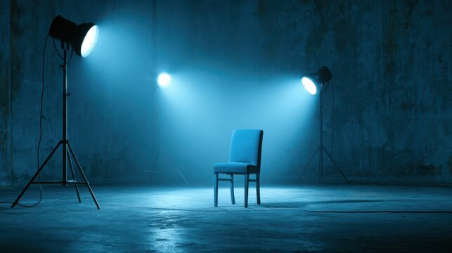 A solitary chair illuminated by three studio lights in a dark, empty room with a concrete floor and textured walls.