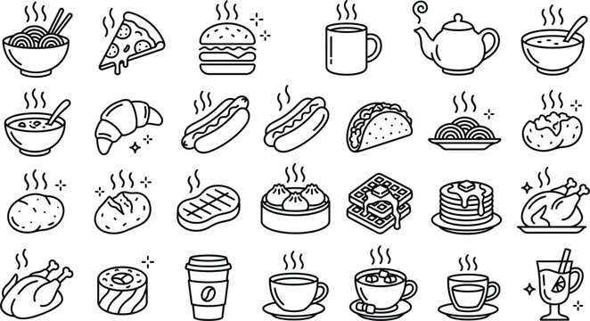 Hot food drink line art vector set with pizza burger noodles coffee soup taco sushi waffle pancake elements,