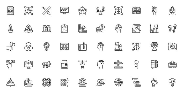 Design Thinking icon set. Minimal line icons. Vector illustration. Featuring storyboard, typography, design tools, analytics, solution, brainstorm, empathy, wireframe, prototype, and more.