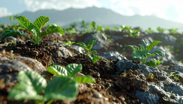 Young Green Seedlings Growing in Fertile Mountain Soil Farm Field During Sunny Morning Light