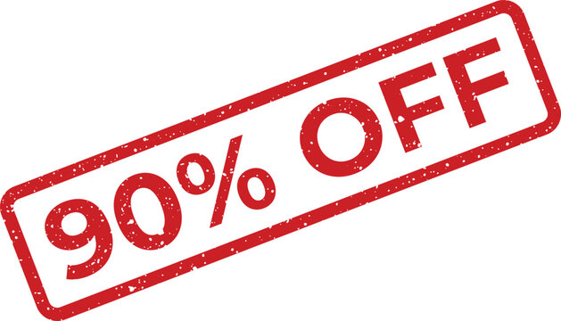 Vivid red rubber stamp displaying a ninety percent discount for exciting promotional sales campaigns