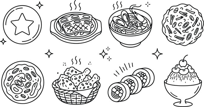 Korean food cuisine line art vector set with fried chicken gimbap bingsu noodles barbecue restaurant menu illustration elements,