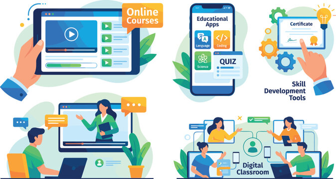 Online education vector illustration concept set featuring digital classroom video conferencing, educational apps, video lectures, distance learning courses, and skill development certificate elements