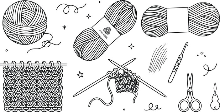 Knitting and crochet vector icon set featuring yarn balls skeins wool knitting needles crochet hook and scissors elements