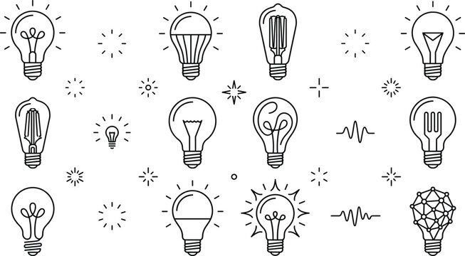 Light bulb line art vector set with incandescent led edison lamp ideas energy innovation technology illumination icons elements,