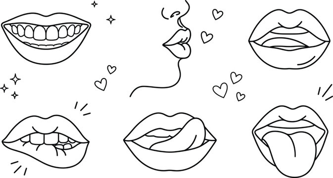 Lips vector illustration set line art drawing with mouth expressions smile teeth licking kissing biting lip and tongue