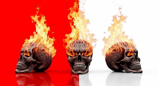 Inferno's Embrace: Three souls ignite, a stark duality revealed by fierce, sculpted flames and masterful lightplay against a crimson and ivory divide.