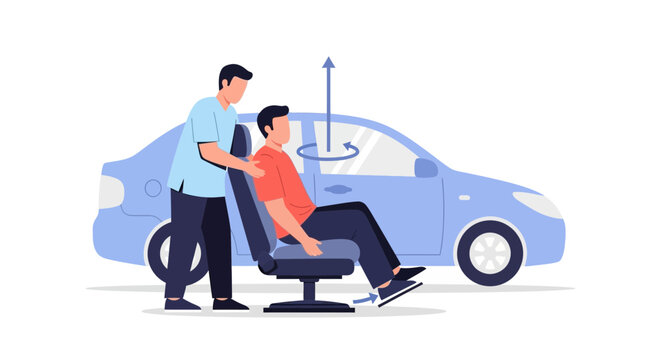 Paraplegic Person in Wheelchair with Assistance, Transferring to Car Seat