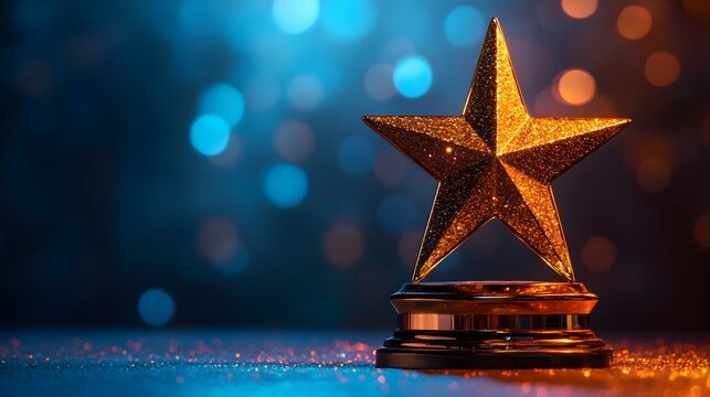 Shiny gold star award on a dark blue blurred bokeh background representing corporate success and excellence.