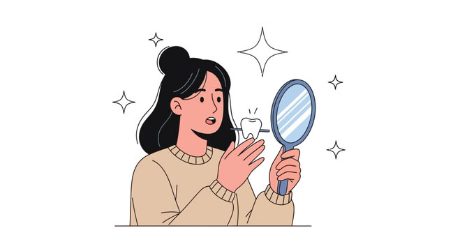 Woman examines her sparkling white tooth in a mirror, representing dental hygiene and oral health.