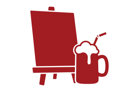 Red silhouette vector icon of an art easel standing next to a foamy mug of beer with a drinking straw representing paint and sip creative entertainment events social gatherings and painting parties