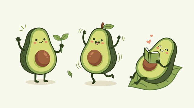 Cute avocado character set waving seedling dancing reading, healthy lifestyle flat vector illustration