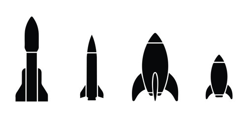 Rocket types set — space rocket, missile, vintage rocket, mini rocket icon Silhouette Vector black design on a white background © NexaVectors