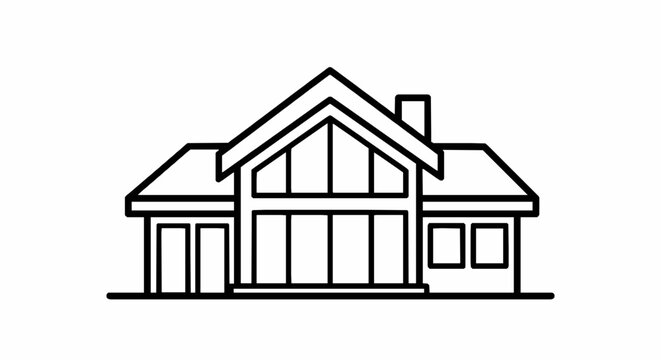 Minimalist line art icon of a modern house with a large glass facade and chimney