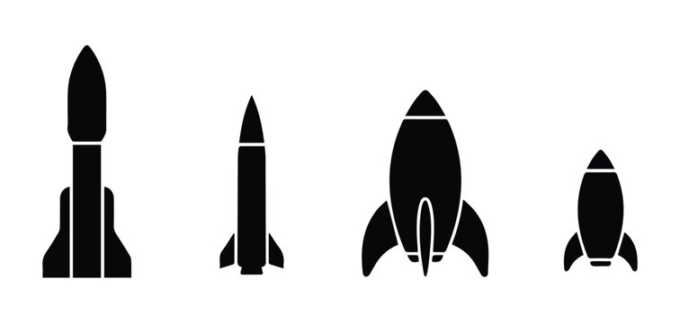 Rocket types set &mdash; space rocket, missile, vintage rocket, mini rocket icon Silhouette Vector black design on a white background
