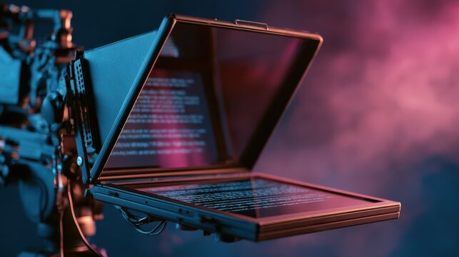 A teleprompter device with reflected text displayed, used by speakers or broadcasters for reading scripts smoothly.
