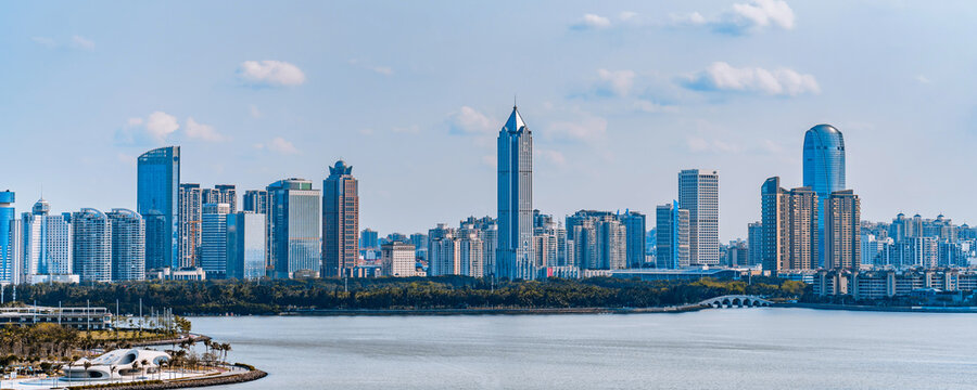 Coastline and yachts of CBD buildings in Haikou, Hainan, China