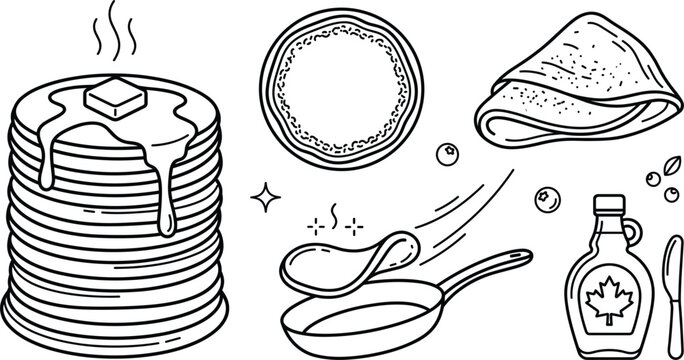 Pancake and crepe line icon set featuring tall stack maple syrup bottle frying pan flipping and folded crepes.