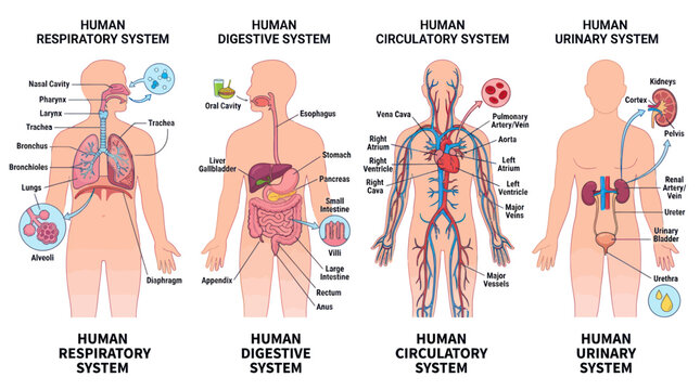 Human anatomy diagram showing respiratory digestive circulatory urinary