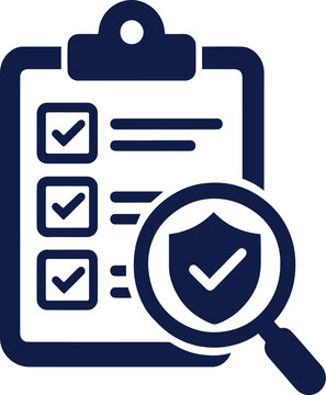 Dark blue clipboard checklist with magnifying glass and shield icon Vector