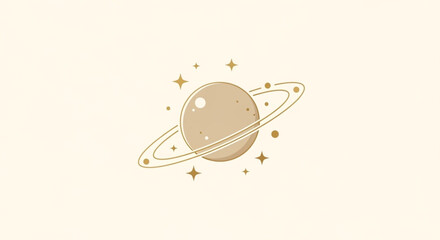 Cute Minimalist Saturn Planet with Stars Gold Line Art Illustration © GONYONG