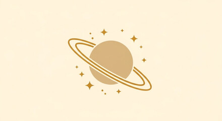 Bold Minimalist Gold Saturn Planet with Stars on Cream Background Vector © GONYONG