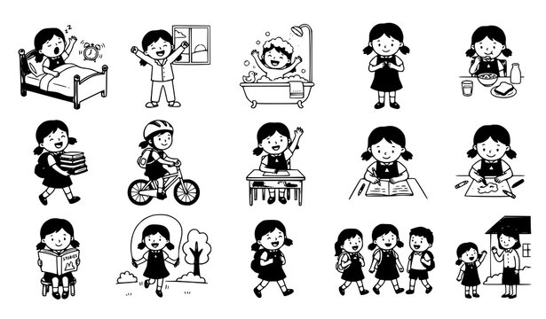 Hand Drawn Cute Schoolgirl Daily Activities Doodle Icon Collection Vector Illustration
