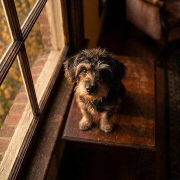 High angle portrait of a cute Pomapoo puppy looking up at camera inside a cozy room by the window