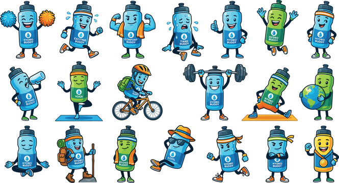 Cute Sport Water Bottle Mascot Character Set Posing in Various Fitness Activities Weightlifting Running Yoga and Cycling for Graphic Designs