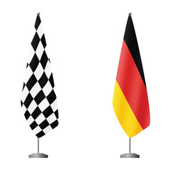 Naklejka premium Checkered and Germany flags on flagpoles for official ceremonies and meetings, transparent background vector