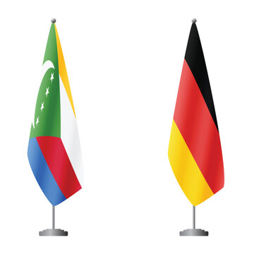 Comoros and Germany flags on flagpoles for official ceremonies and meetings, transparent background vector