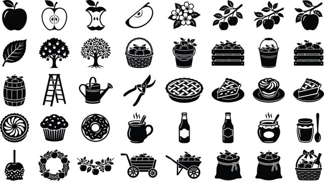 Set of black and white apple icons, showcasing elements related to apple harvesting and products