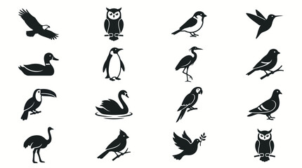 Obraz premium Vector collection of black bird silhouettes and avian species icons