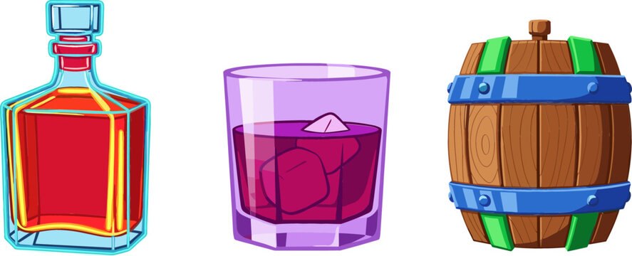 Premium Whiskey Distillery Vector Set with Cyan Glass Decanter Bottle, Purple Tumbler with Ice, and Wooden Oak Aging Barrel for Bar Menu Designs