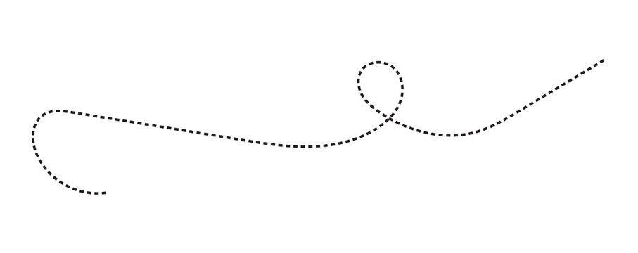 Dotted line path showing a winding route between two map location pins, one black and one red, isolated on transparent background