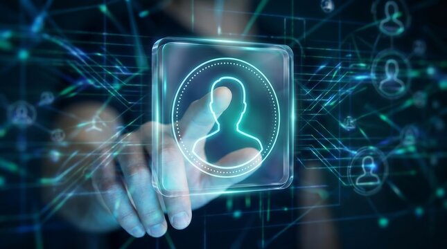 Digital identity and cyber security concept featuring a hand touching a glowing user profile icon in a virtual network 8K ultra quality 16:9 ratio identity security personal silhouette technology