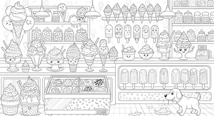 Fototapeta premium Fun ice cream shop interior scene for kids coloring pages design