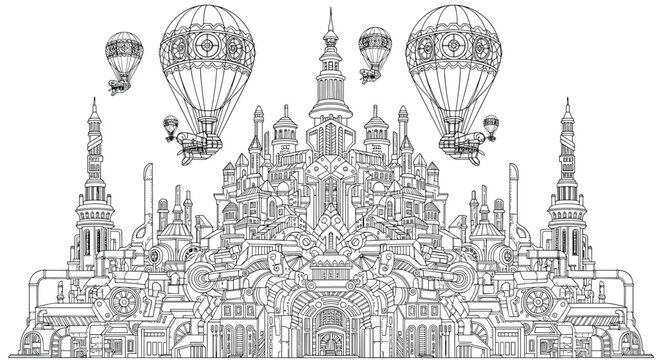 Detailed steampunk city illustration for adult coloring pages and creative art