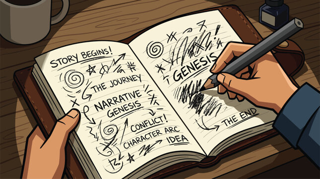 Creative writing process shown in an open notebook with handwritten notes and sketches.