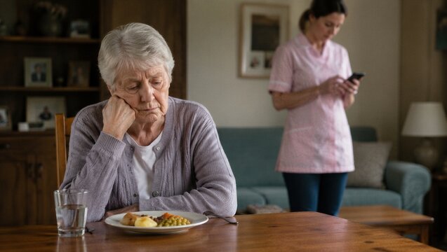 Sad senior woman sitting at table with dinner while caregiver uses smartphone in background. Neglect of elderly, social isolation and loneliness. Concept of elder abuse awareness.
