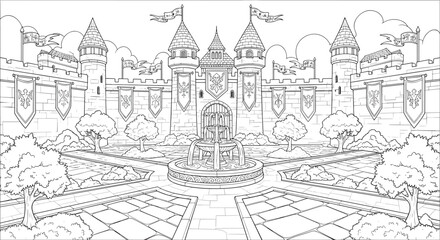Fototapeta premium Medieval castle courtyard scene designed for relaxing adult coloring pages activity