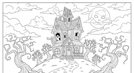 Naklejka premium Spooky haunted house scene with ghost for kids halloween coloring pages