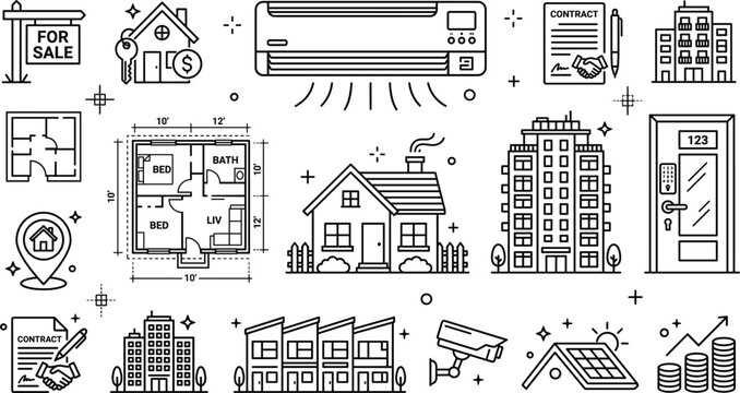 Real estate line art vector set with house blueprint building contract air conditioner property investment icon elements,
