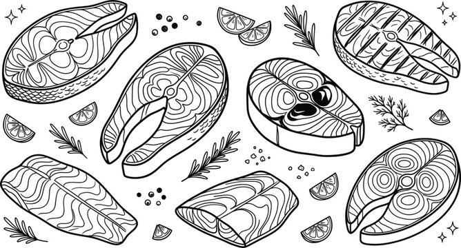 Salmon steak and fillet vector illustration set line art drawing with lemon rosemary herbs and peppercorn background