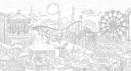 Fototapeta premium Underwater amusement park with ferris wheel for creative kids coloring pages