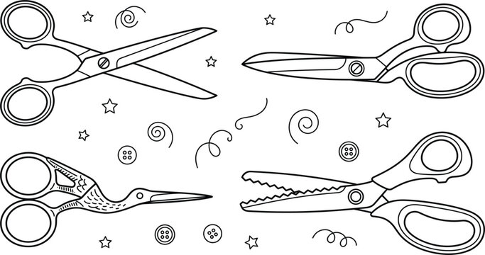 Scissors vector icon set featuring tailor shears stork embroidery scissors pinking shears craft tools and sewing dressmaker elements