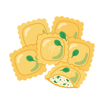 Group of fresh ravioli square pasta with herbs vector illustration